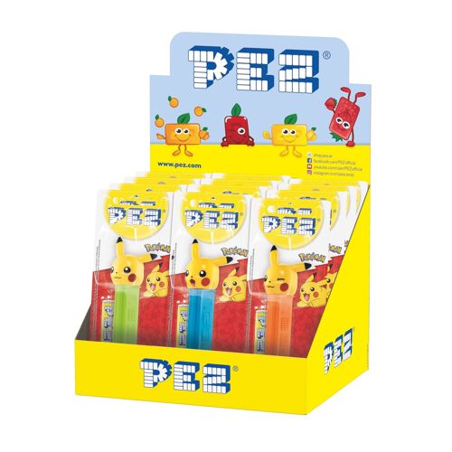PEZ  Boîte présentoir de 12 Blisters Pikachu : 1 distributeur + 1 recharge goût fruit