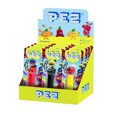 PEZ  Boîte présentoir de 12 Blisters Miraculous : 1 distributeur + 1 recharge goût fruit