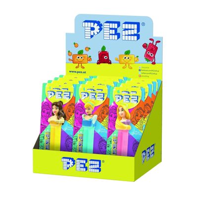 PEZ Caja expositora de 12 Blisters Princesas Disney: 1 dispensador + 1 recambio sabor frutas