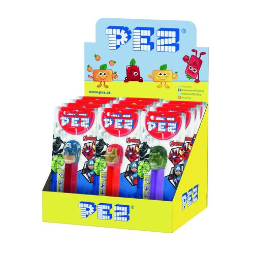 PEZ  Boîte présentoir de 12 Blisters Marvel : 1 distributeur + 1 recharge goût fruit