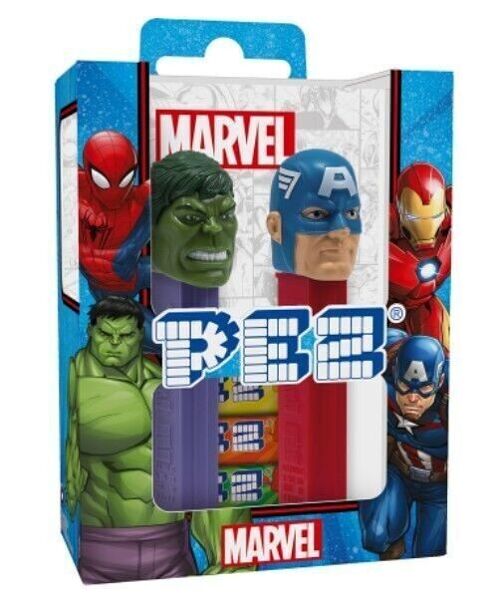 PEZ – Twin pack Licence Marvel – Combinaison unique de bonbons aux goûts fruits et d’un distributeur – Contient 2 distributeurs PEZ + 4 recharges de bonbons personnages aléatoires