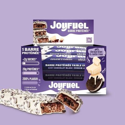 JOYFUEL Caja de 12 Barritas Proteicas - Sabores Chocolate Blanco & Cookie & Cream - <2g de azúcar - 20g de proteína