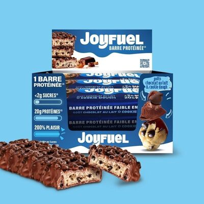 JOYFUEL confezione da 12 Barrette Proteiche 55g - Gusto Cioccolato al Latte e Pasta per Biscotti - <2g zucchero - 20g proteine