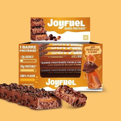 JOYFUEL Caja de 12 Barritas Proteicas 55g - Sabores Chocolate con Leche y Caramelo - <2g de azúcar - 20g de proteína