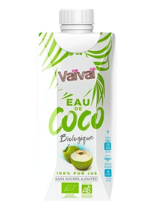 Vaïvaï - Eau de Coco Bio - 100% Pur Jus - Douce et Rafraîchissante - Sans Sucres Ajoutés -  Brique Tetra Pak de 33cl