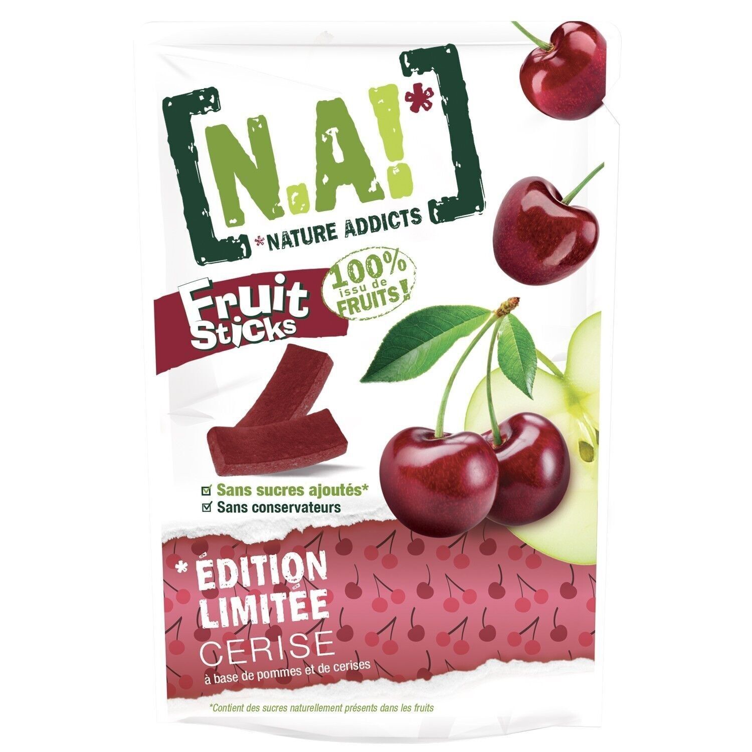 N.A! Nature Addicts - Sachet de Fruit Sticks Cerise 40g - 100% Issu de Fruits - Sans Sucres Ajoutés, Sans Édulcorants ni Conservateurs - Sachet Refermable à Emmener Partout -