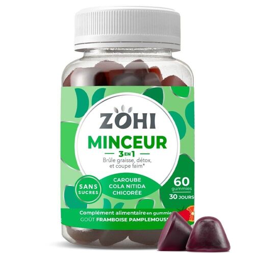 Zohi - Complément Alimentaire Minceur - 60 gummies de fruits goût Framboise Pamplemousse - Pilulier 30 jours 180g
