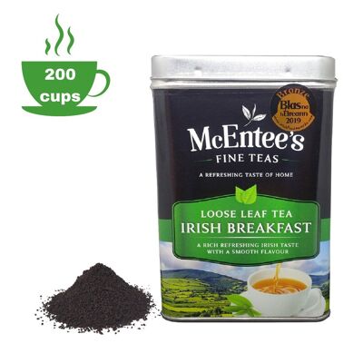 Té de desayuno irlandés McEntee's - LATA de 500 g - GANADOR DE PREMIOS Y MEZCLADO EN IRLANDA. FUERTE Y CÍTRICO. Una mezcla tradicional irlandesa de té suelto de Ceilán y Assam. Ofreciendo ese sabor a hogar.