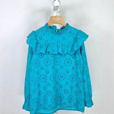 Top with ruffles, English embroidery and long sleeves for girls