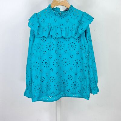 Top with ruffles, English embroidery and long sleeves for girls