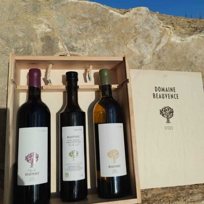 Un trio di sapori solari: vino rosso, vino bianco e olio extra vergine di oliva biologico