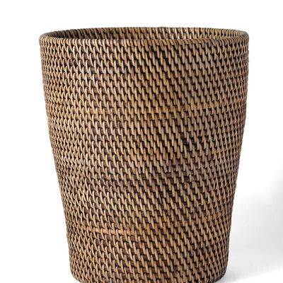 Riau round natural rattan basket trash can, handmade with dark finish, height 28 cm diameter 23 cm, made in Indonesia