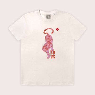 Ecrufarbenes T-Shirt „Pink Velvet Emotion“.