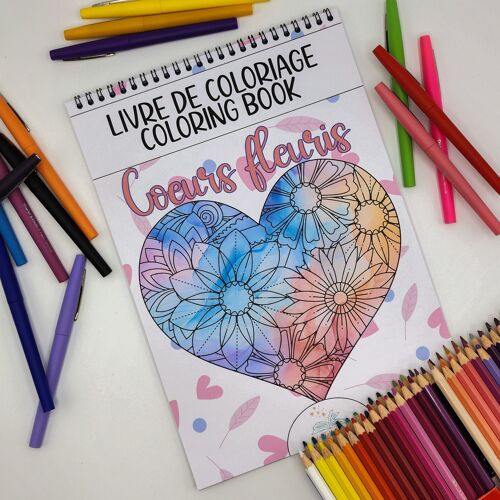 Livre de Coloriages pour adultes, Coeurs Fleuris