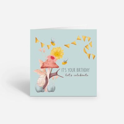 Feliz cumpleaños - Tarjeta ilustrada en azul pastel