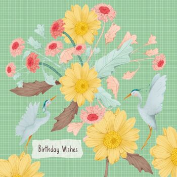 Souhaits d'anniversaire - Carte illustrée d'oiseaux et de fleurs 2
