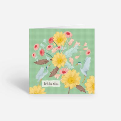 Souhaits d'anniversaire - Carte illustrée d'oiseaux et de fleurs