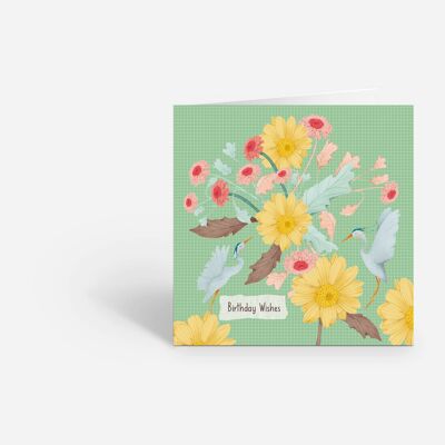 Birthday Wishes - Birds and Flowers Illustrated Card