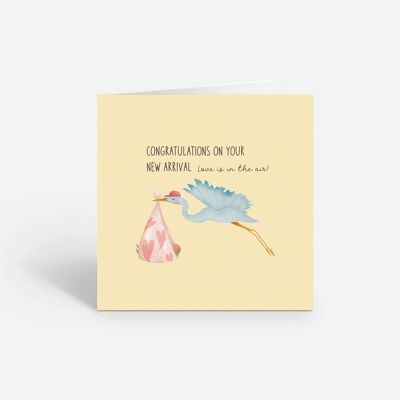 Carte de félicitations - Illustration de cigogne et de bébé
