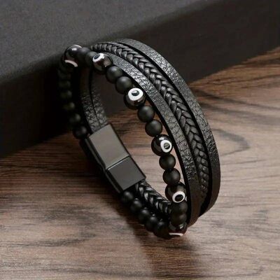 Pulsera de Cuero Trenzado con Ojo de Turco Negro - Elegancia y Protección Mística