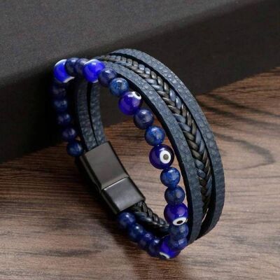 Braided Leather Bracelet with Turkish Eye Glass Stone - Lucky Charm