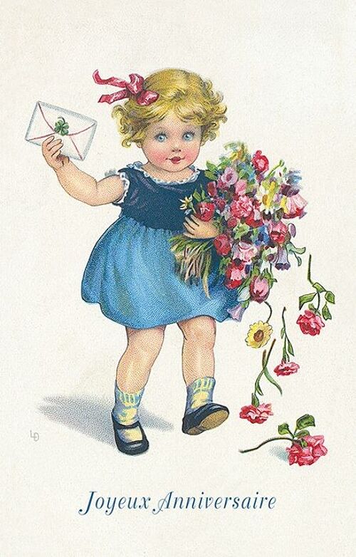 Carte postale fillette et son bouquet