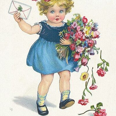 Postkarte eines kleinen Mädchens und ihres Blumenstraußes