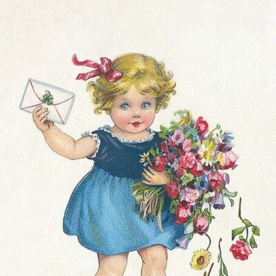 Postkarte eines kleinen Mädchens und ihres Blumenstraußes