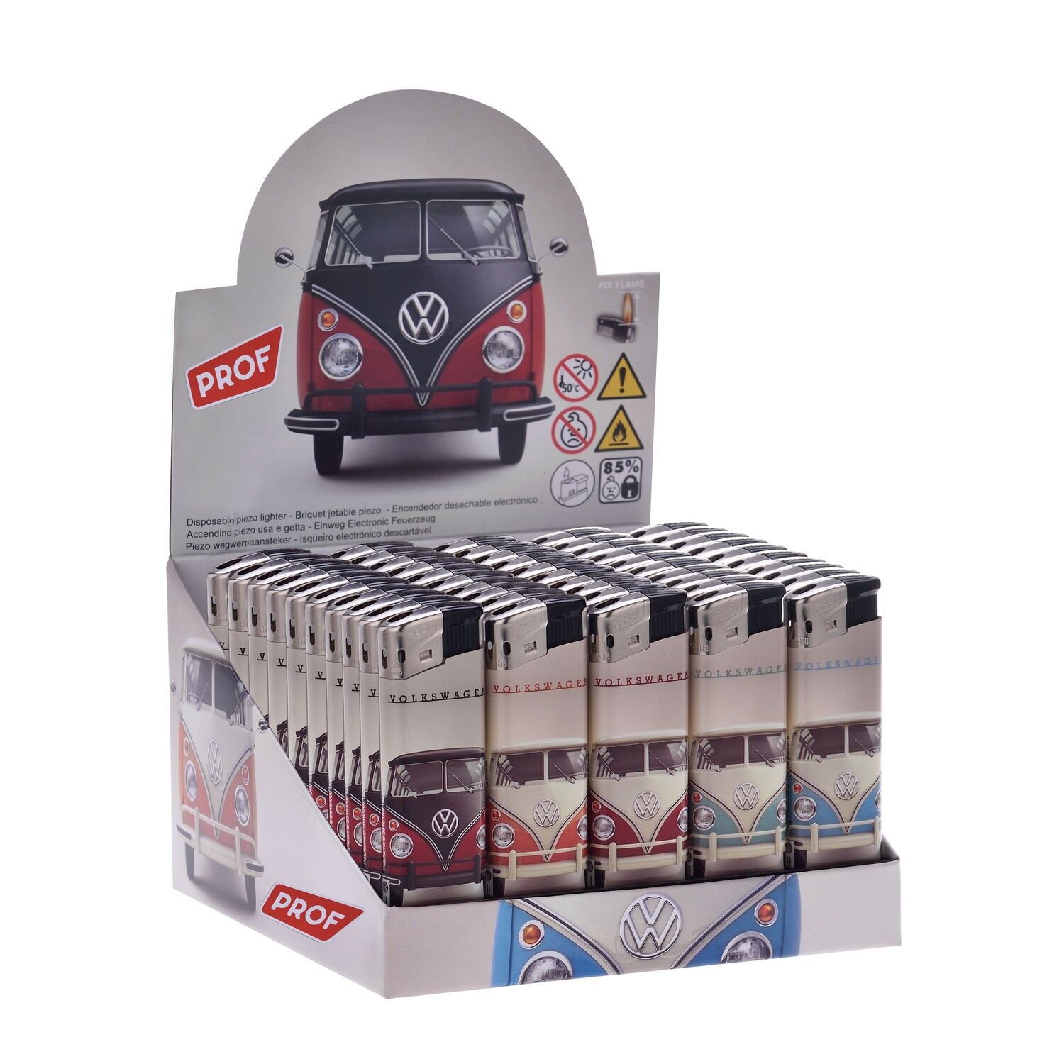 VW-Display mit 50 elektronischen Feuerzeugen