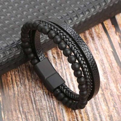 Pulsera de Cuero Trenzado y Ágata Negra - Aspecto Masculino y Beneficios Energéticos