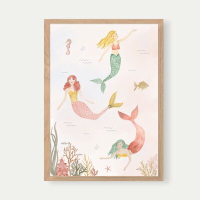 Affiche Sirènes A3 | Imprimer | Affiche pour enfants | Impression d’art | Chambre d'enfants | enfant | Bébé | Illustration | Sirènes | mer || COEUR & PAPIER