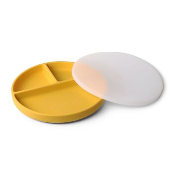 Assiette enfant en silicone 3 compartiments avec couvercle - Moutarde - 1