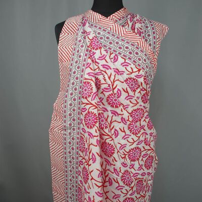 Pareo- Block Printed Sarong - Pink Red Floral