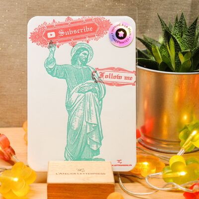 Biglietto tipografico The Influencer, A6, Gesù, social network, umorismo, religione, verde, rosso, influencer