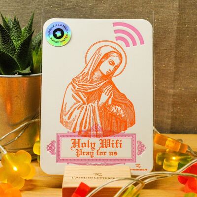 Tarjeta Letterpress Holy Wifi, A6, humor, religión, geek, oración, naranja, rosa