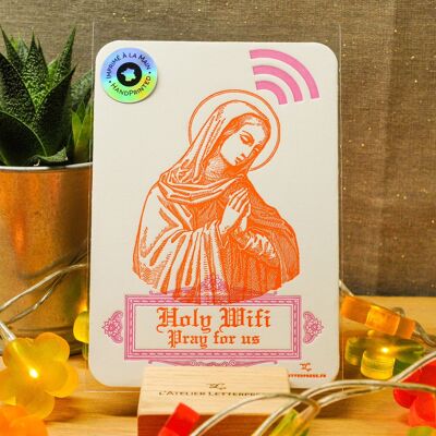 Carte Letterpress Sainte Wifi, A6, humour, religion, geek, prière, orange, rose