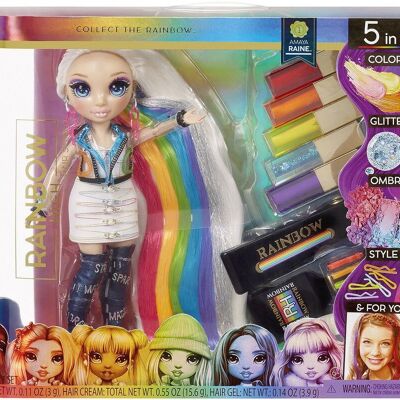 Muñeca de pelo arcoíris y accesorios.