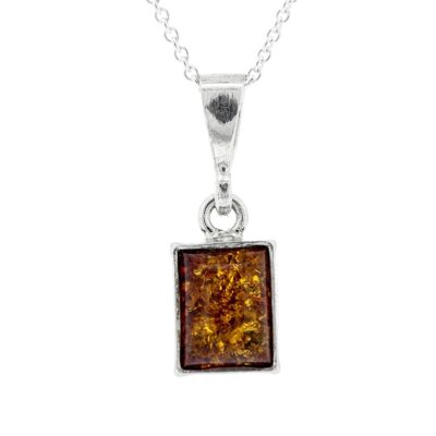 Cognac Amber and Sterling Silver Rectangle Pendant with 18" Trace Chain