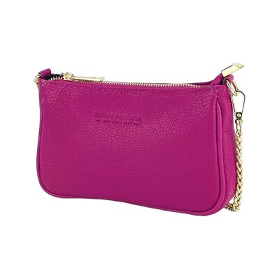 RB1022BE | Bolso pequeño de piel auténtica Made in Italy con bandolera de cadena extraíble. Cierre de cremallera y complementos de metal dorado brillante - Color fucsia - Dimensiones: 20 x 12 x 6 cm