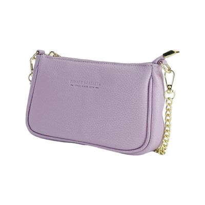 RB1022CI | Small bag in genuine leather Made in Italy with removable chain shoulder strap. Zipper closure and shiny gold metal accessories - Lilac color - Dimensions: 20 x 12 x 6 cm