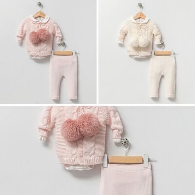 A Pack of Four Organic Cotton Baby  Braided Knitwear Pom Pom Set-3 pieces