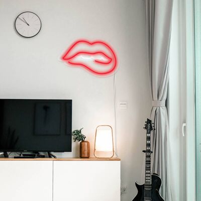 Neon Sign Biting Lips - Pink LED Lights Wall Art
