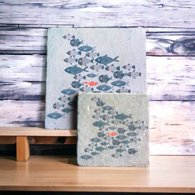 Posavasos de azulejos banco de peces azul 15 cm x 15 cm