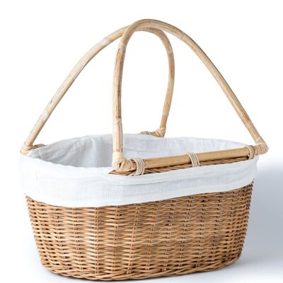 Halmahera decorative 100% natural rattan basket with bamboo handles and fabric inner cover, handmade with natural fibers, oval shape, finishes in natural color, white and black, Height 38 cm Width 41 cm Depth 25 cm, made Indonesia