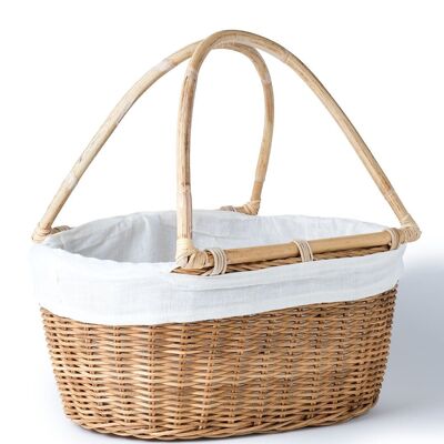 Cesto decorativo Halmahera in rattan 100% naturale con manici in bambù e rivestimento interno in tessuto, realizzato a mano con fibre naturali, forma ovale, finiture in colore naturale, bianco e nero, Altezza 38 cm Larghezza 41 cm Profondità 25 cm, prodotto in Indonesia