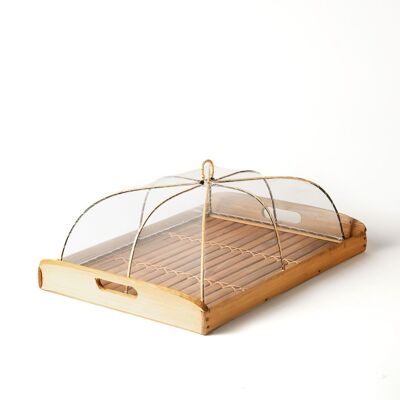 Natural bamboo bread box with handles and rectangular Maduro mesh lid, handmade item with natural finish, available in 3 sizes, made in Indonesia
