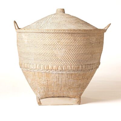 Giant Rangkasbitung 100% Natural Rattan Basket Decorative with Handles and Lid, Handmade White Finish with Wooden Base and Different Braids, 110 Height x 100 Diameter, Made in Indonesia