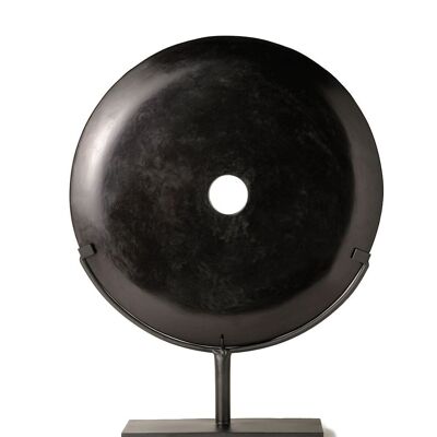 Decorative Yapen Polished River Black Round Stone Disc with Stand, Handmade by Artisans, 2 Measurements, Indonesian Origin
