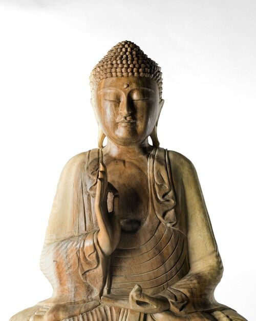 Estatua de madera natural de Samán Buda decorativa, tallado a mano por artesanos en una sola pieza en varias medidas con alturas diferentes , fabricado en Indonesia