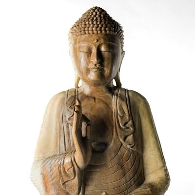 Natural wooden statue of decorative Samán Buddha, hand-carved by artisans in a single piece in various sizes with different heights, made in Indonesia